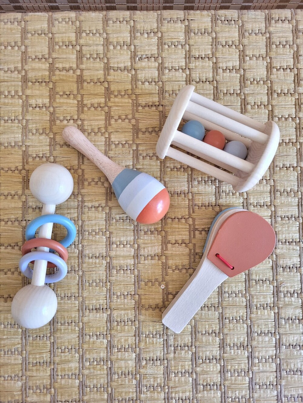 Wooden Baby Rattle & Toy Set - Blue, Coral, Gray
